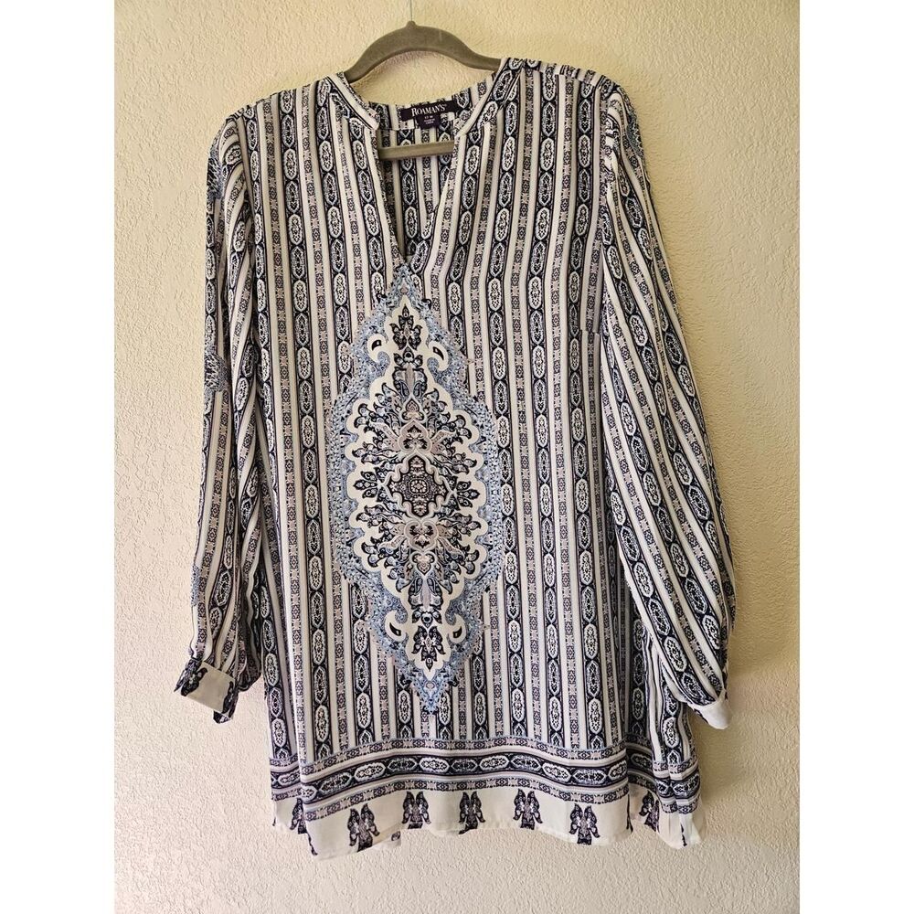 Roaman's Women's White and Blue Tunic Blouse Size 12